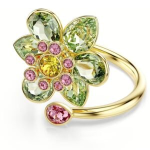 Anillo Flor Verde de Cristal con Baño en Rodio