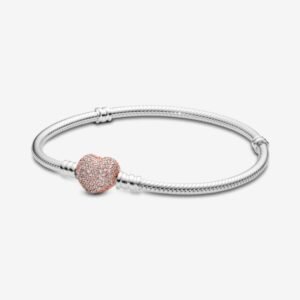 Brazalete Pando de Plata 925 Corazón Rosa Brillante