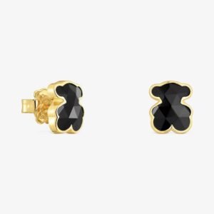Aros Osito Ónix De Plata 925 Con Baño En Oro