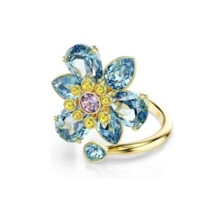 Anillo Abierto Flor de Cristal Azulado con Baño en Rodio